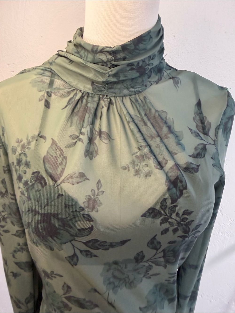 WAYF Dark Green Floral Sheer Blouse w built in bralette and statement sleeves